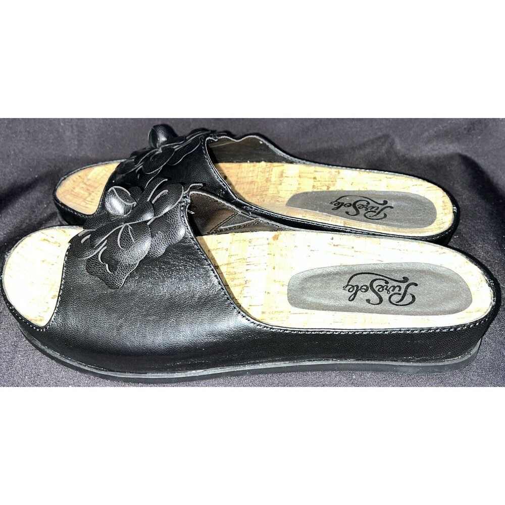 Pure Sole Cork Insole Sandals black leather with floral accent Women Sz 8 - Picture 11 of 14